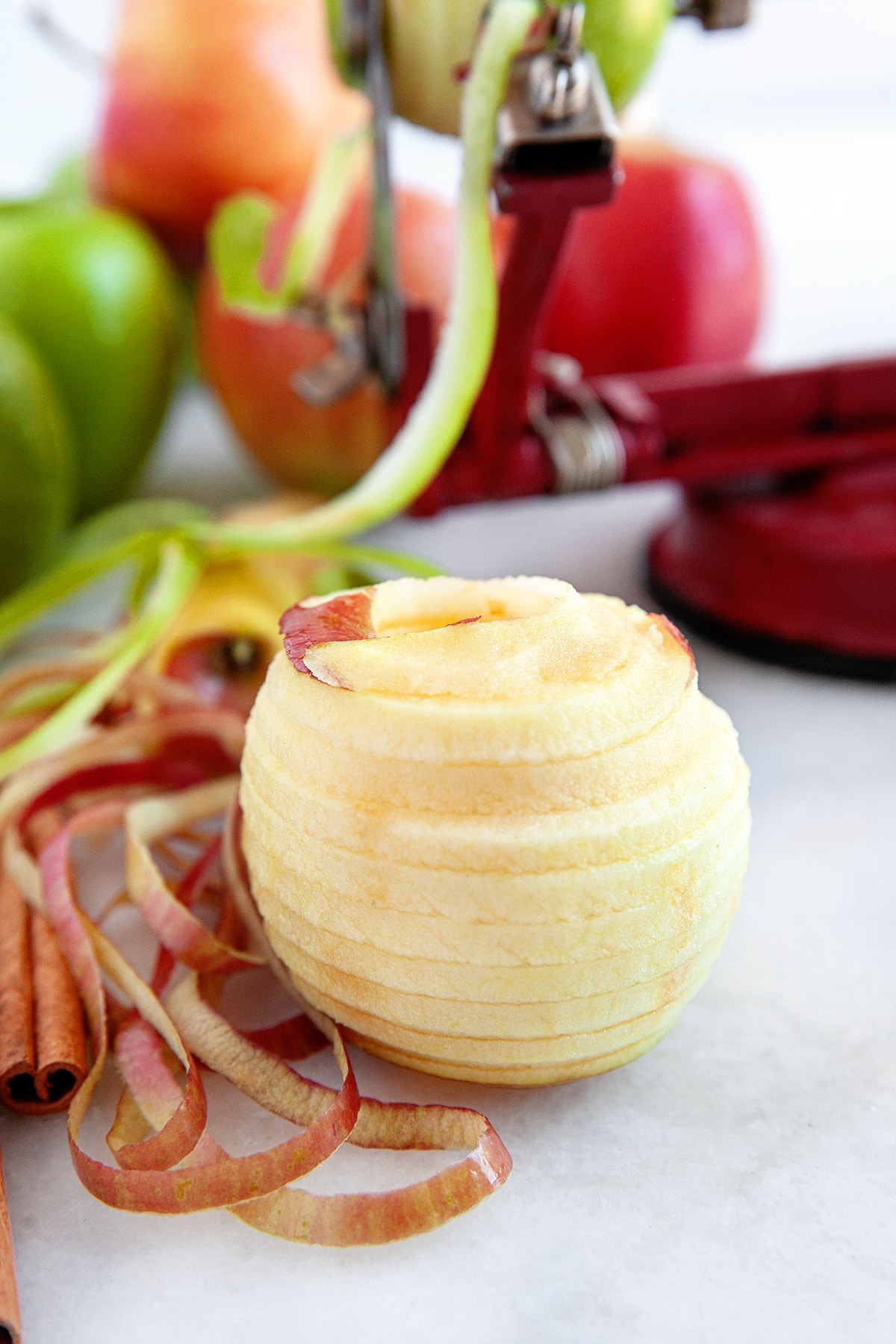 Peeled apple from using an apple corer machine. 
