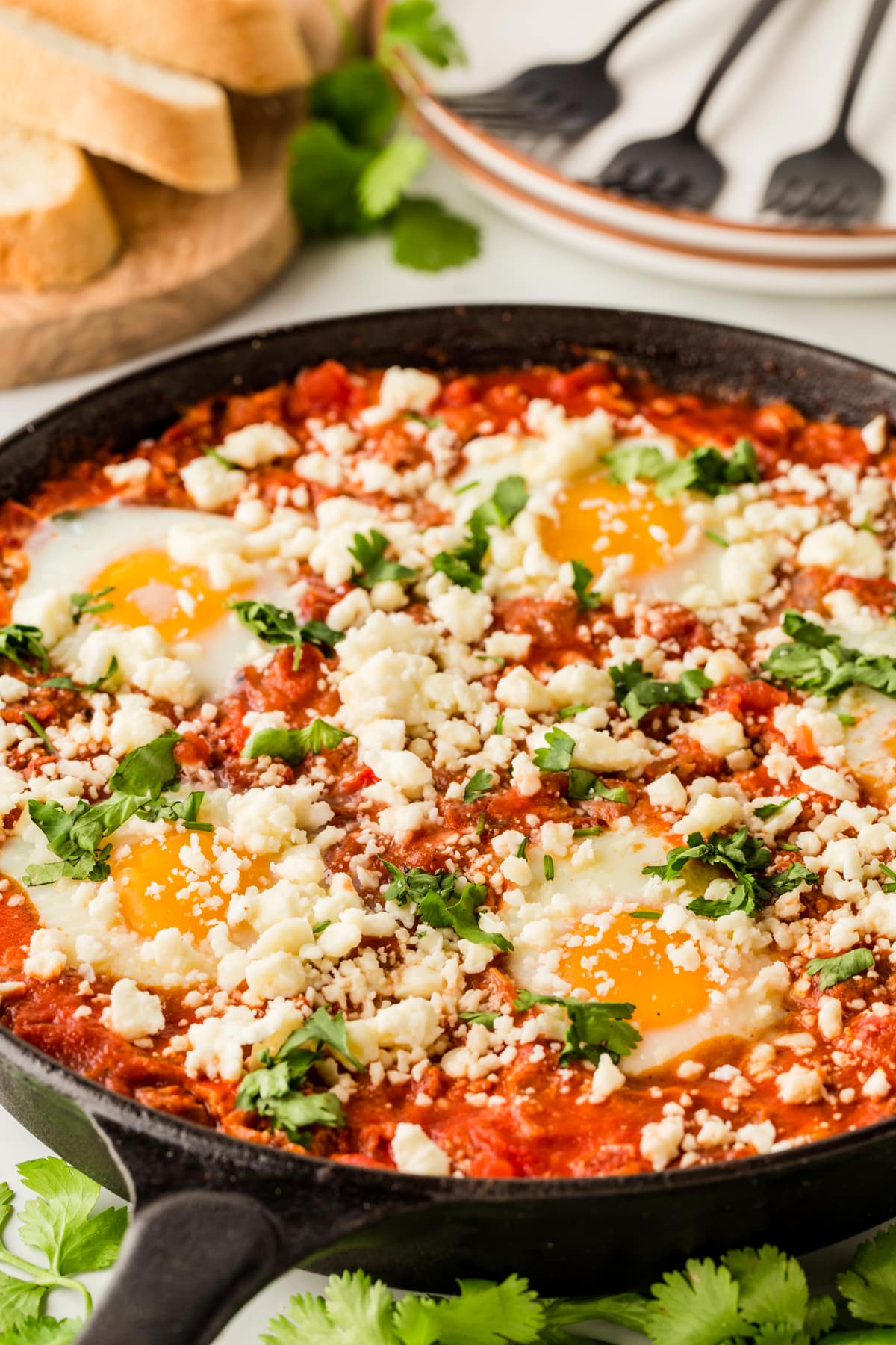 Front view of shakshuka in a cast iron pan. 