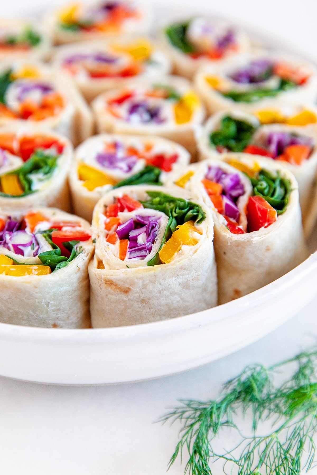 Close-up front view of vegetable pinwheels. 
