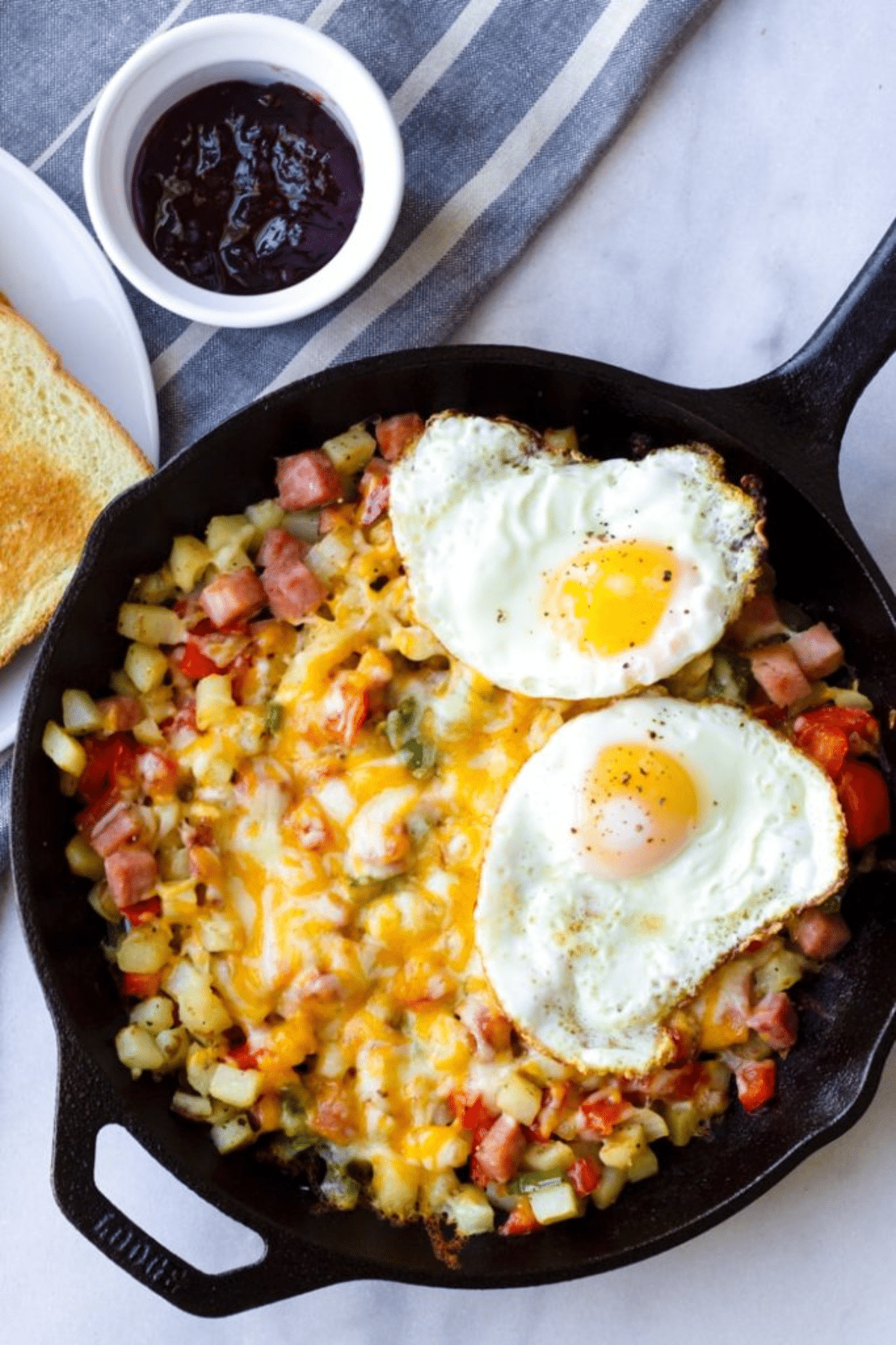 Breakfast Skillet with two fried eggs on top. 
