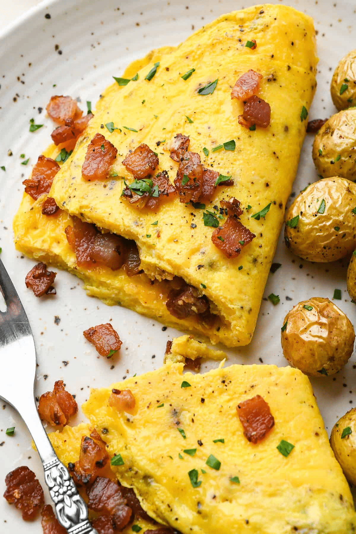 Omelette Recipe with lots of bacon bits and cut in half. 