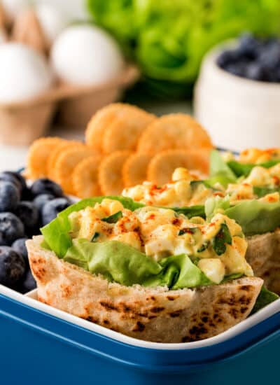 Egg Salad pitas in a lunchbox.
