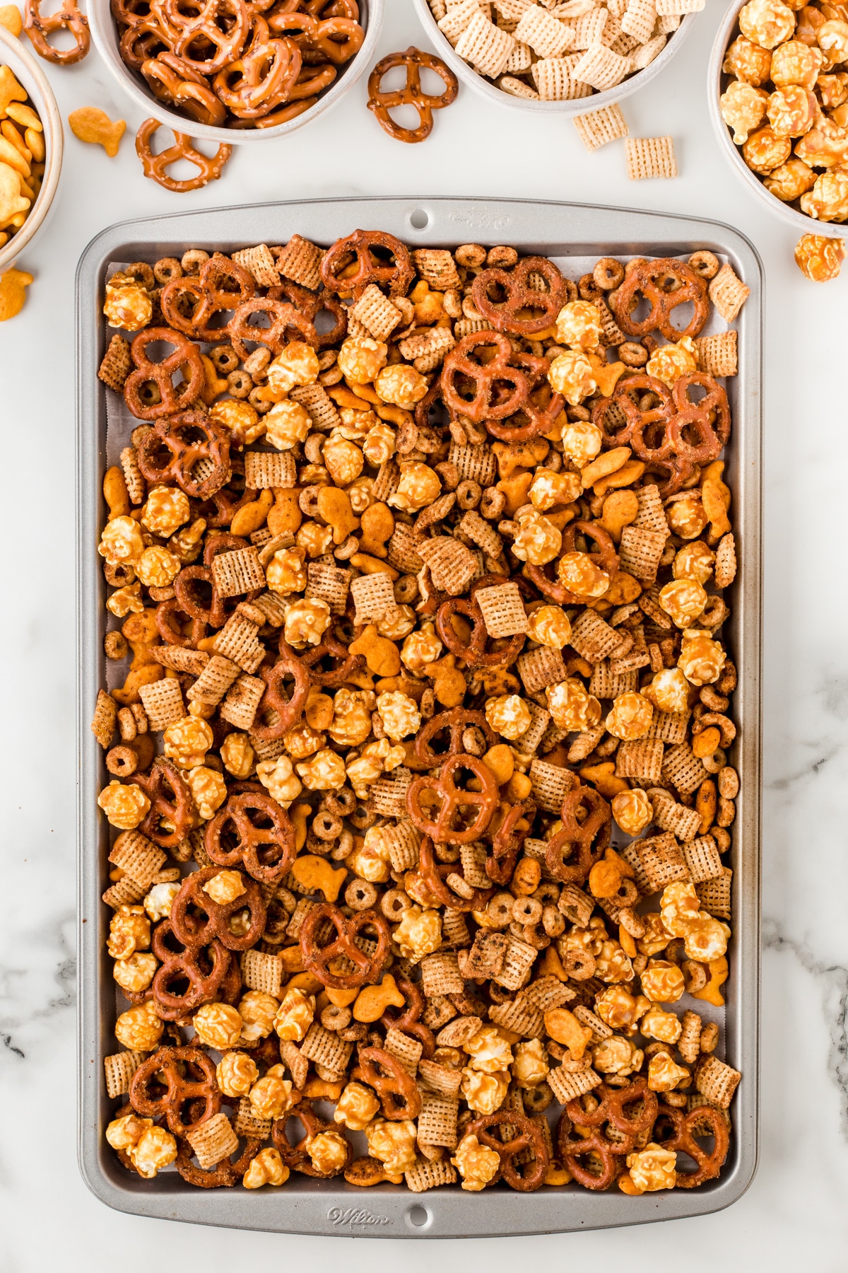 On a tray with added caramel corn, shot from above. 