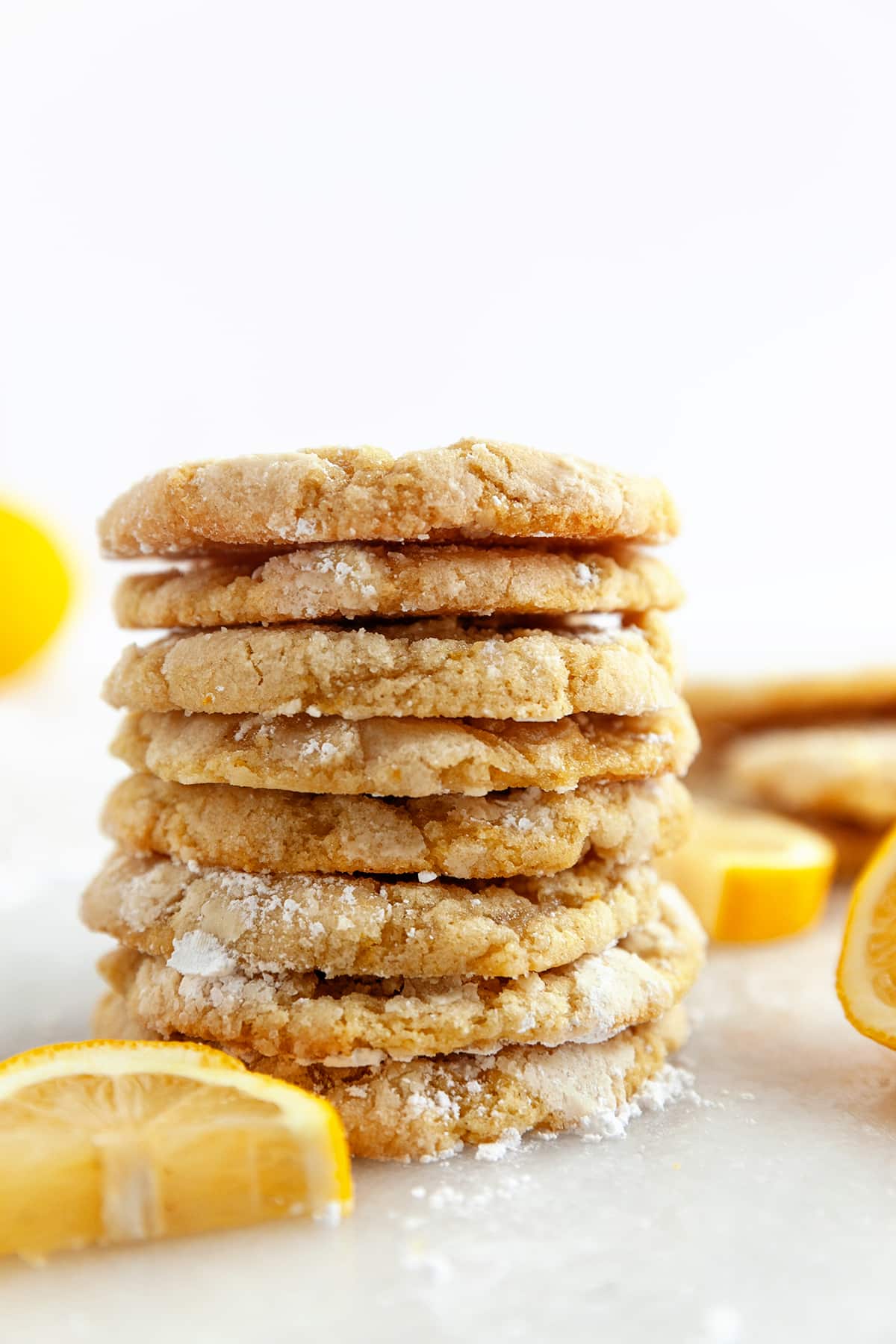 Stacked lemon crinkle cookies. 