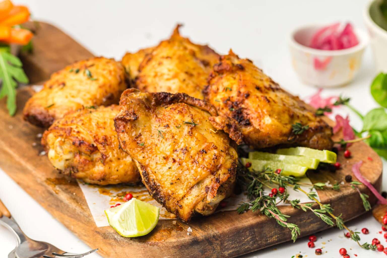 A wooden board is topped with several pieces of grilled, seasoned chicken thighs garnished with fresh herbs and lime wedges. In the background, there are small bowls with garnishes and a few vegetables. The setting is bright, colorful, and appetizing.