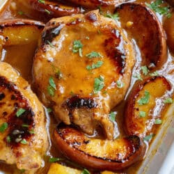 Apple Pork Chops in a baking dish.