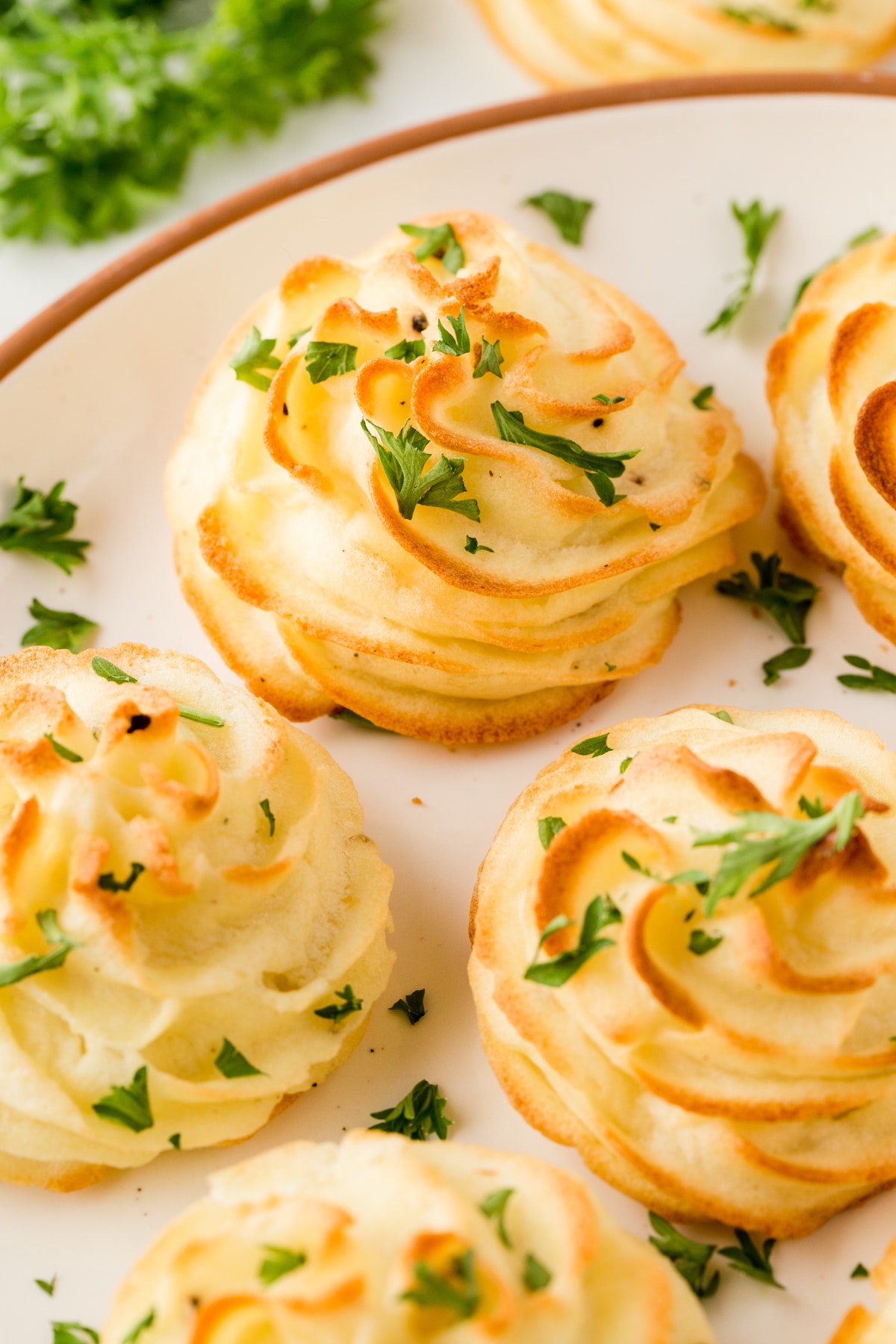 Duchess Potatoes on a plate topped with parsley. 