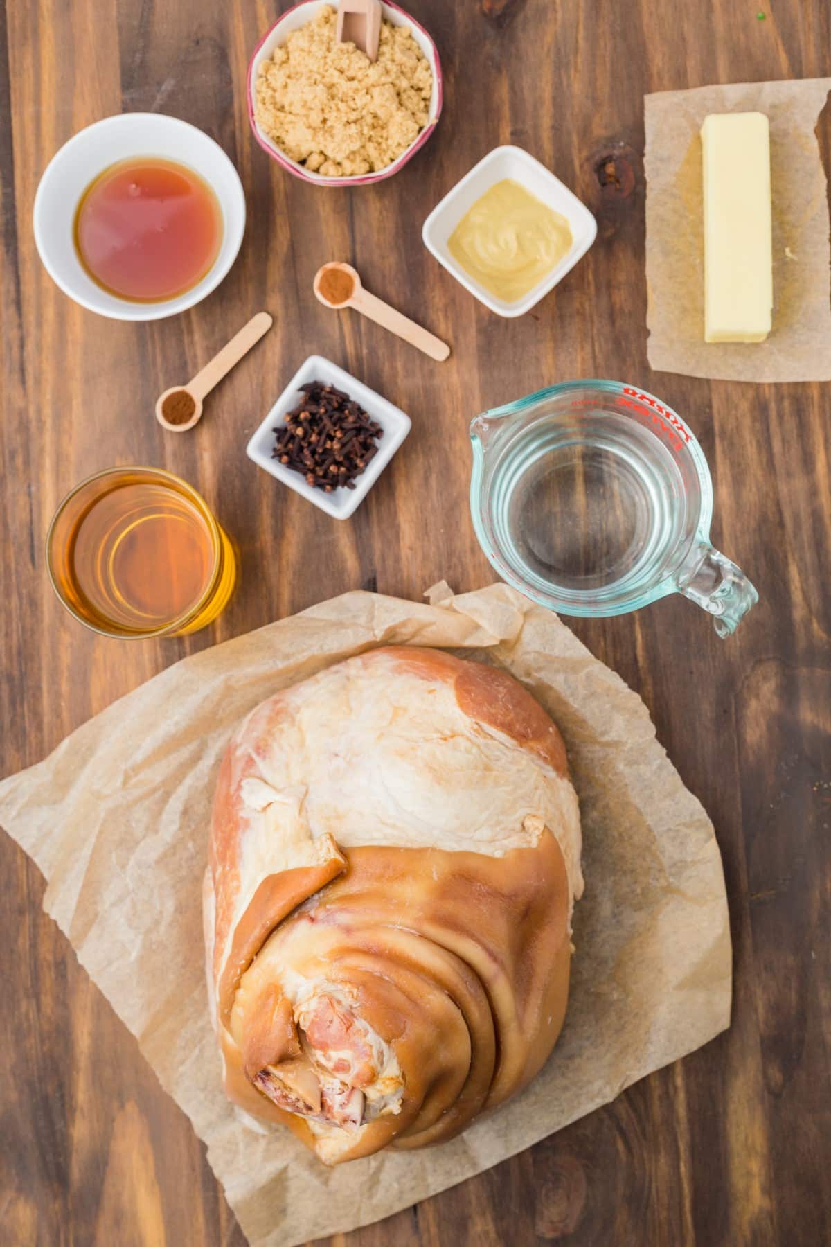 Ham and ingredients for baking and a glaze. 