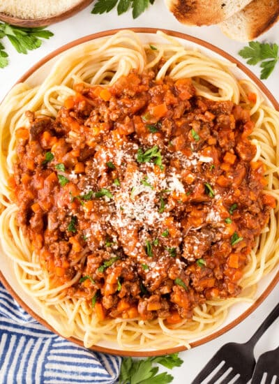 Large plate of spaghetti and sauce taken from overhead.