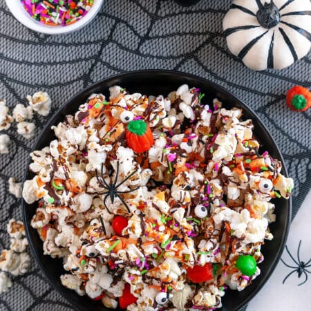 Overhead shot of a bowl of Halloween Popcorn.