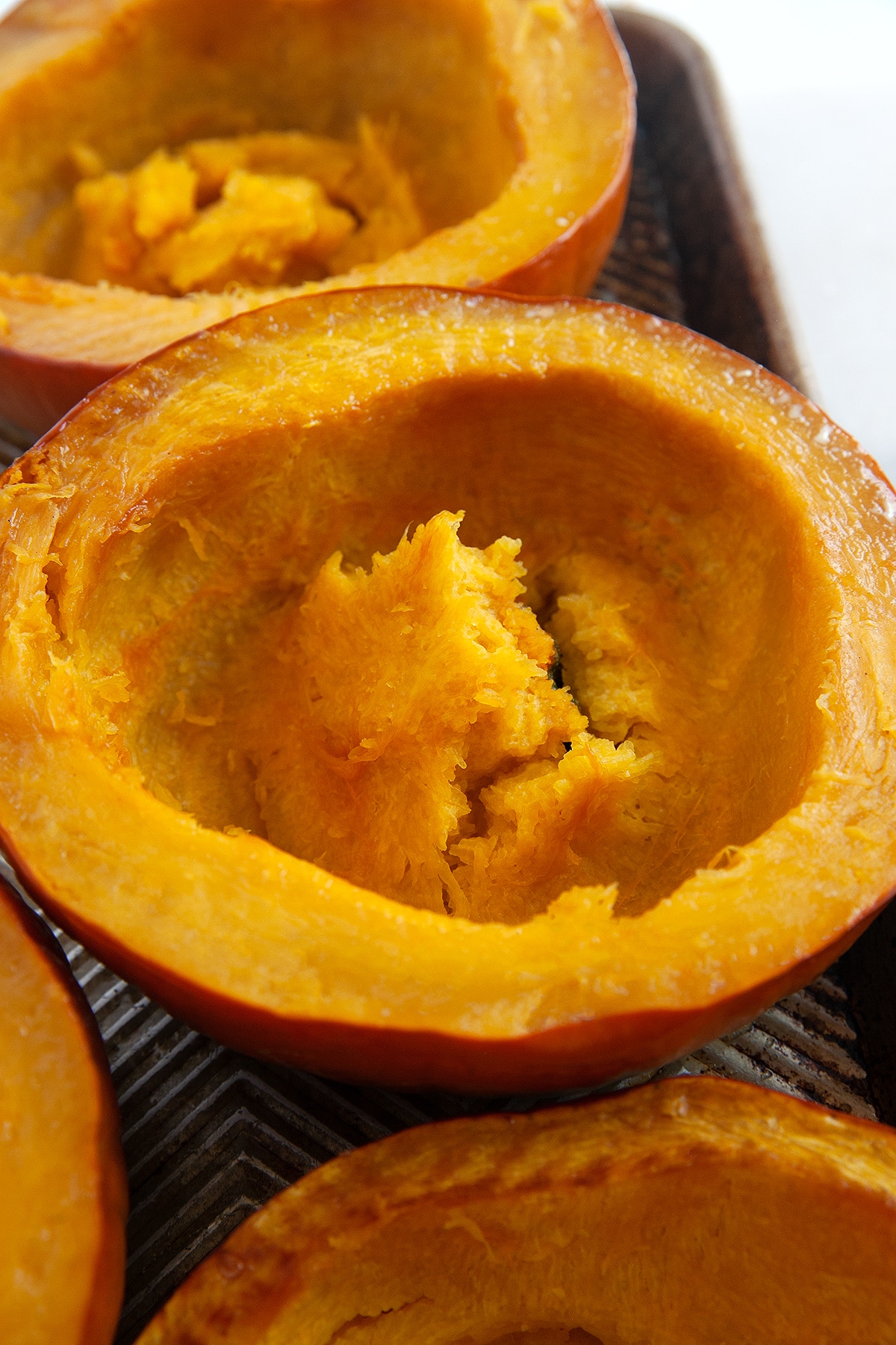 Cooked pumpkin on a baking tray. 