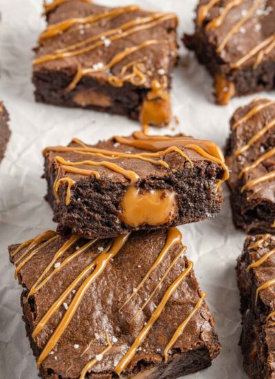 Close-up showing caramel oozing out of a brownie.