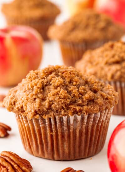 Close-up of an apple cranberry muffin.