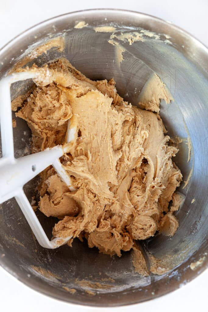 Cookie dough in a mixer. 
