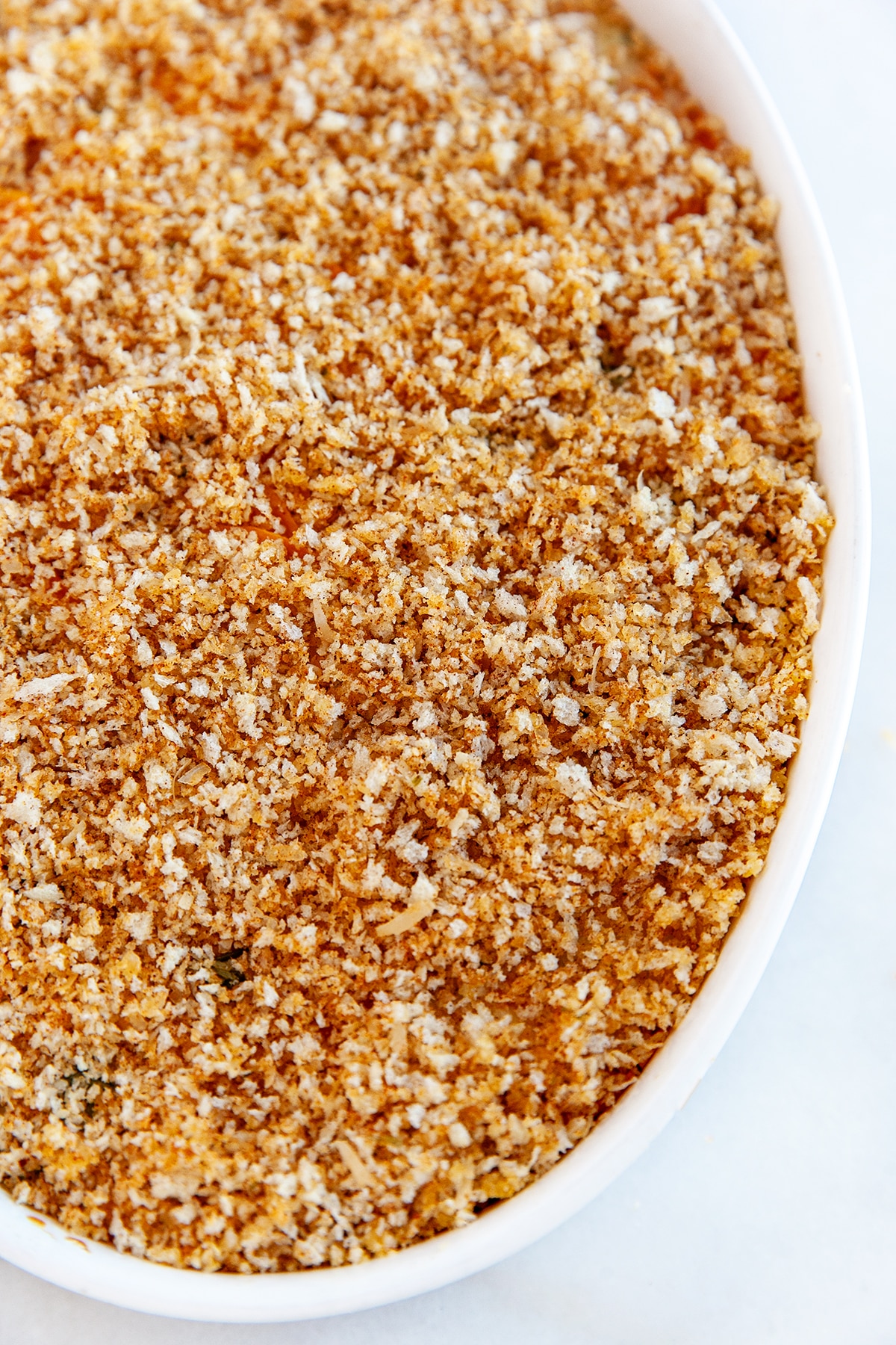 Close up showing the bread crumb topping. 