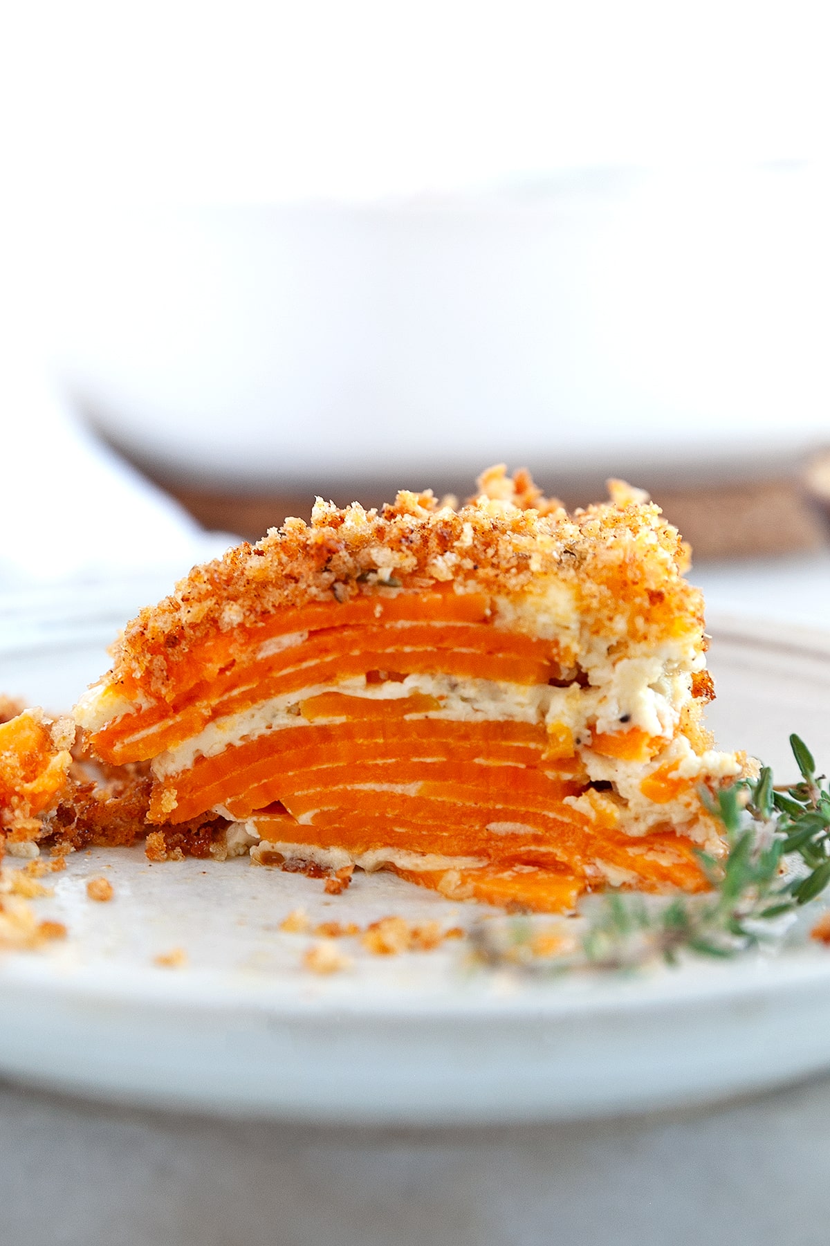 Side view showing the layers of sweet potatoes in a slice. 