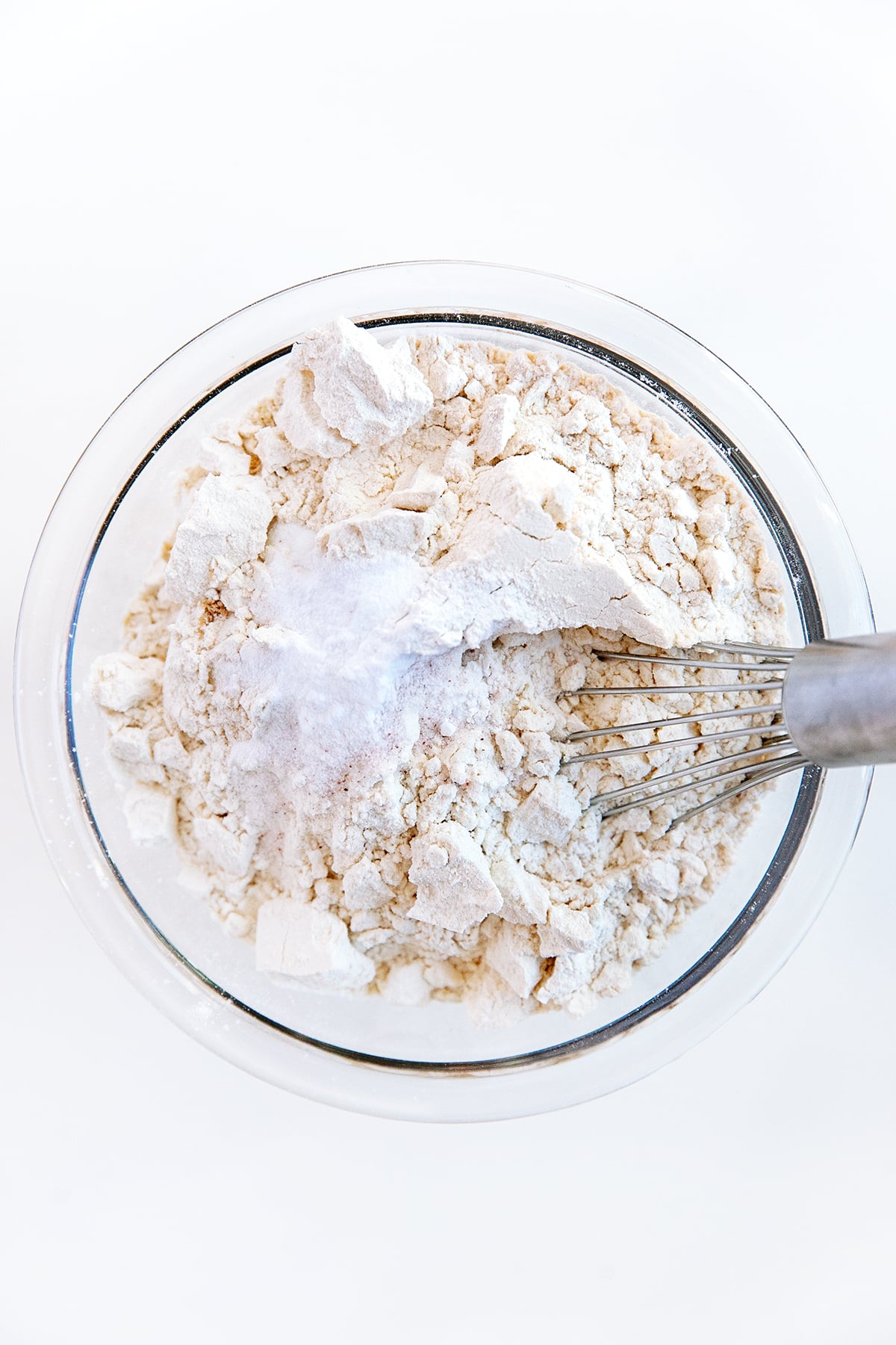 Dry ingredients in a clear bowl. 