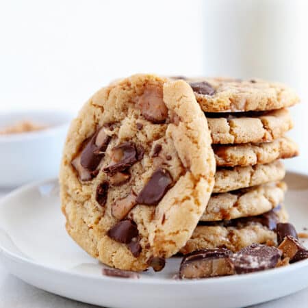 Cookie leaning on a stack of cookies.