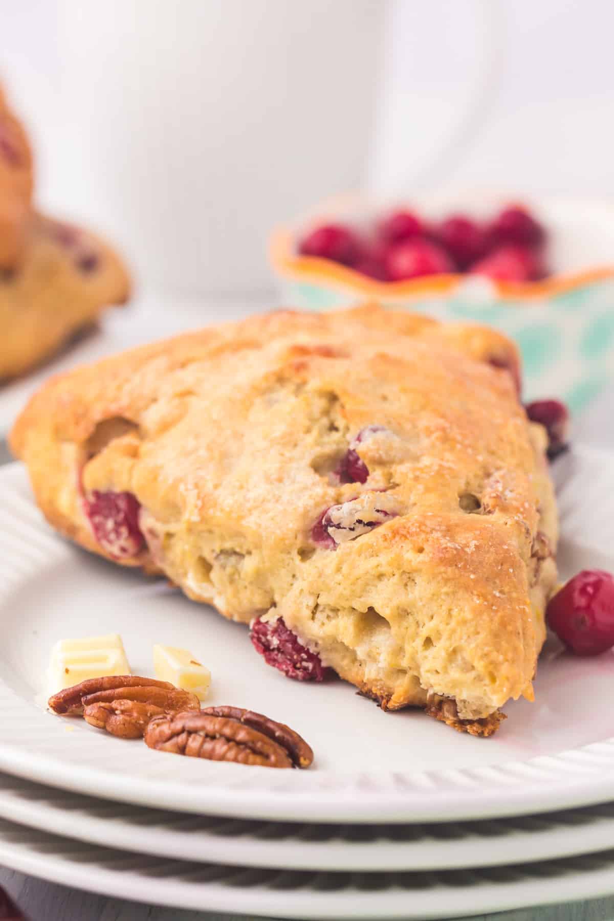 Close-up front view of a cranberry scone on a plate. 