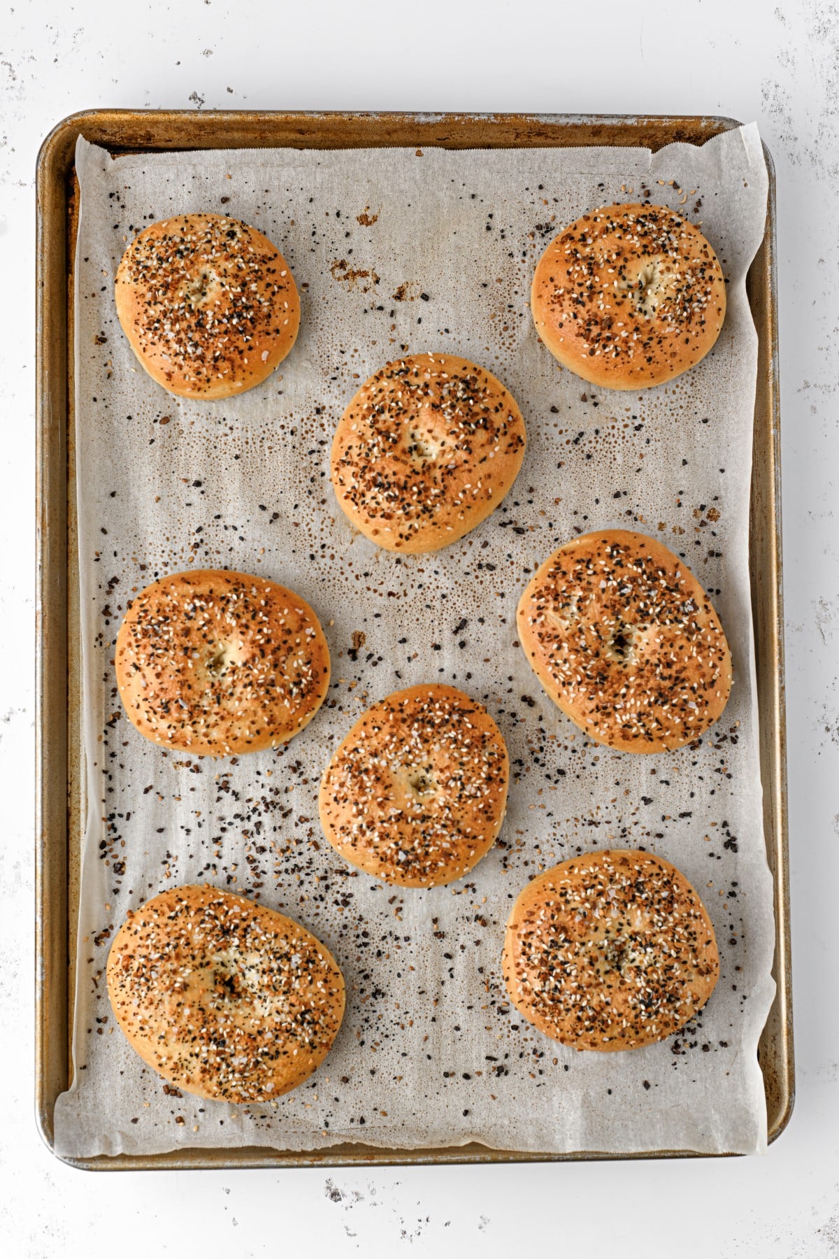 Overhead shot of bagels on a baking sheet out of the oven. 