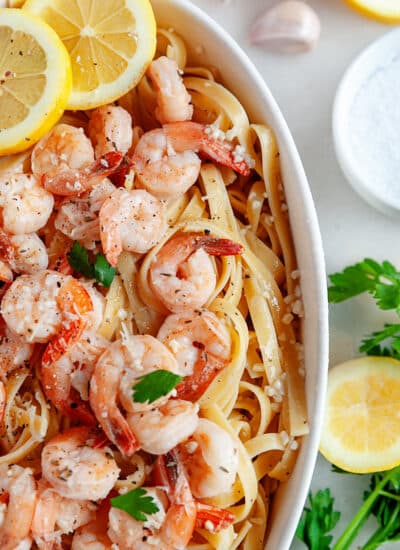 Close-up overhead shot of a casserole of shrimp pasta.