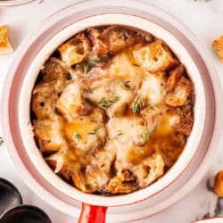 Overhead shot of French Onion Soup in a bowl.
