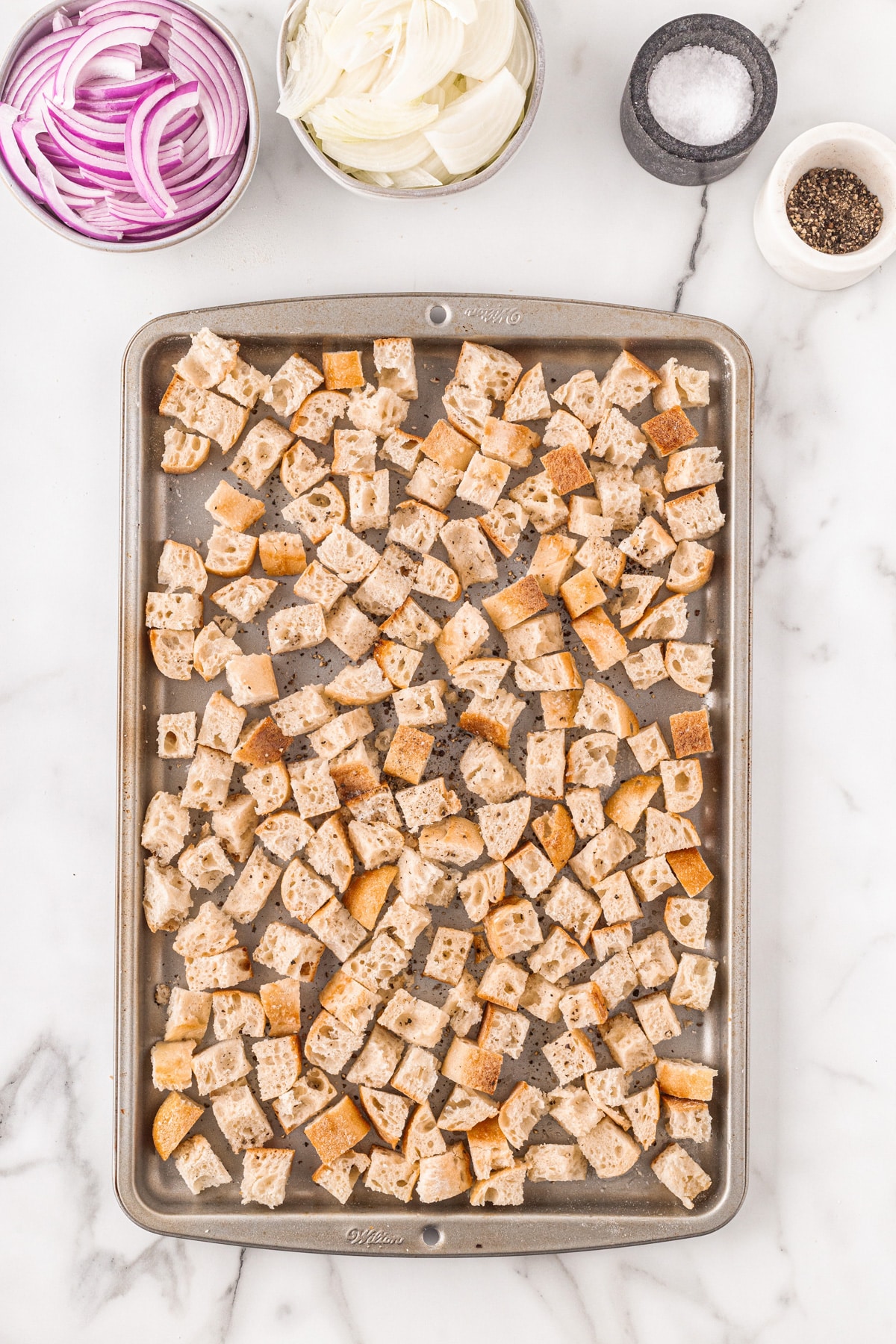 Croutons on a baking sheet. 