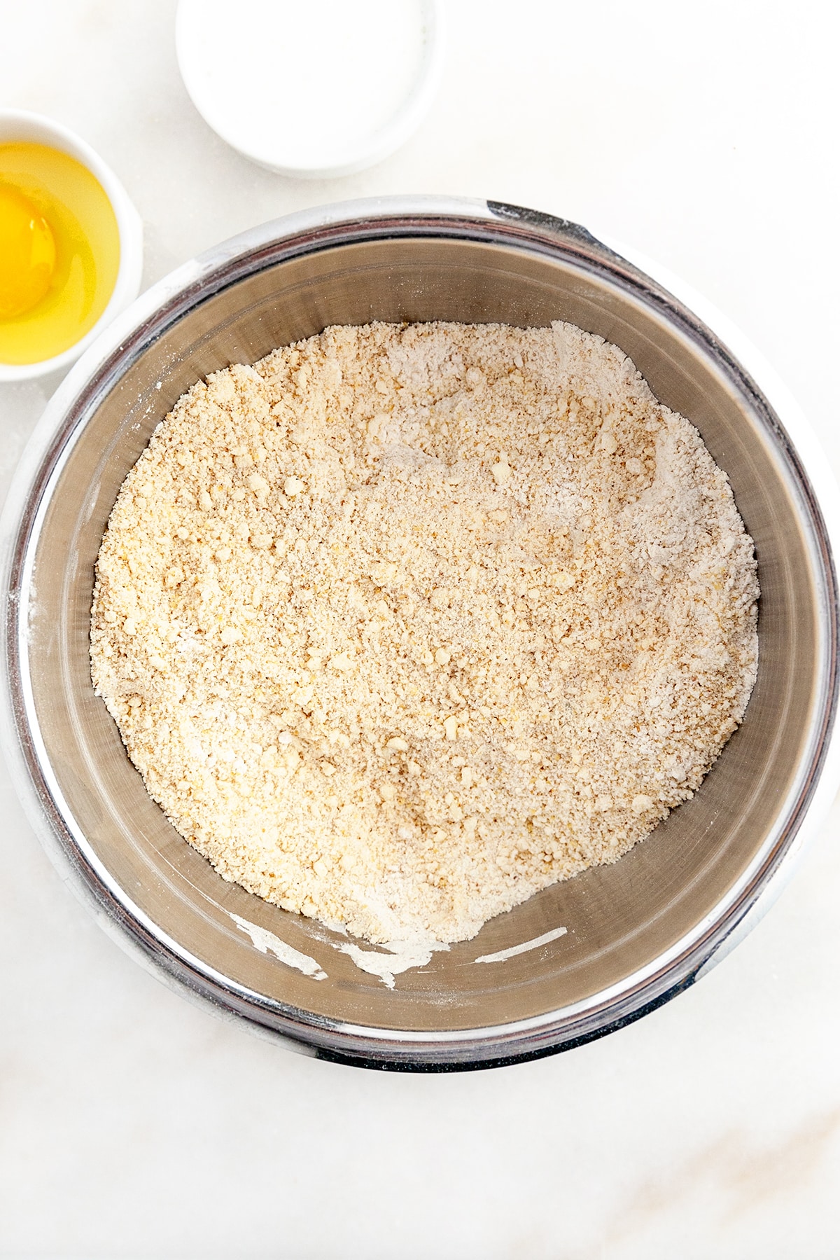 Flour mixture in a bowl, shot from above. 