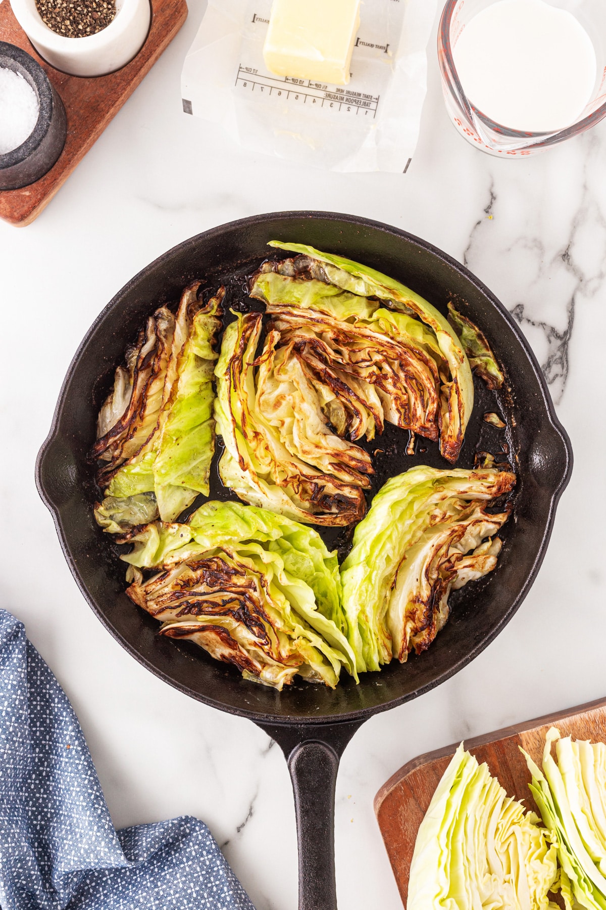 Browned cabbage in a cast iron pan. 