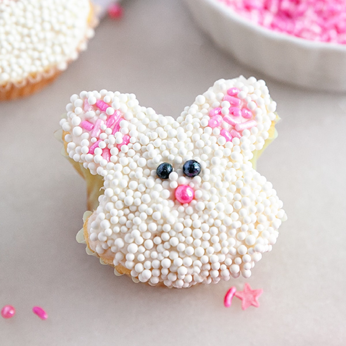 Close-up of one Easter Bunny Cupcake. 