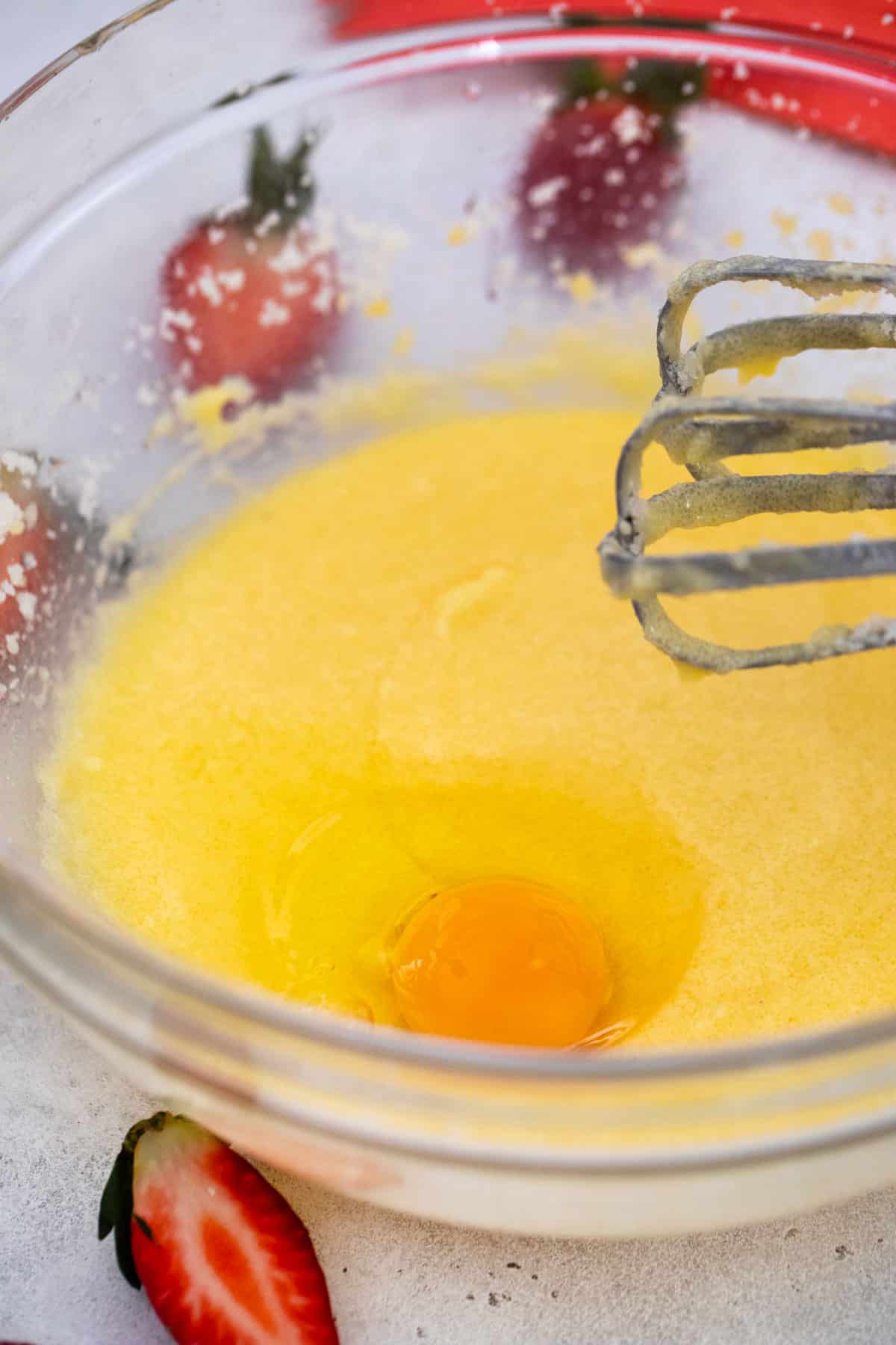 Eggs added to butter mixture. 
