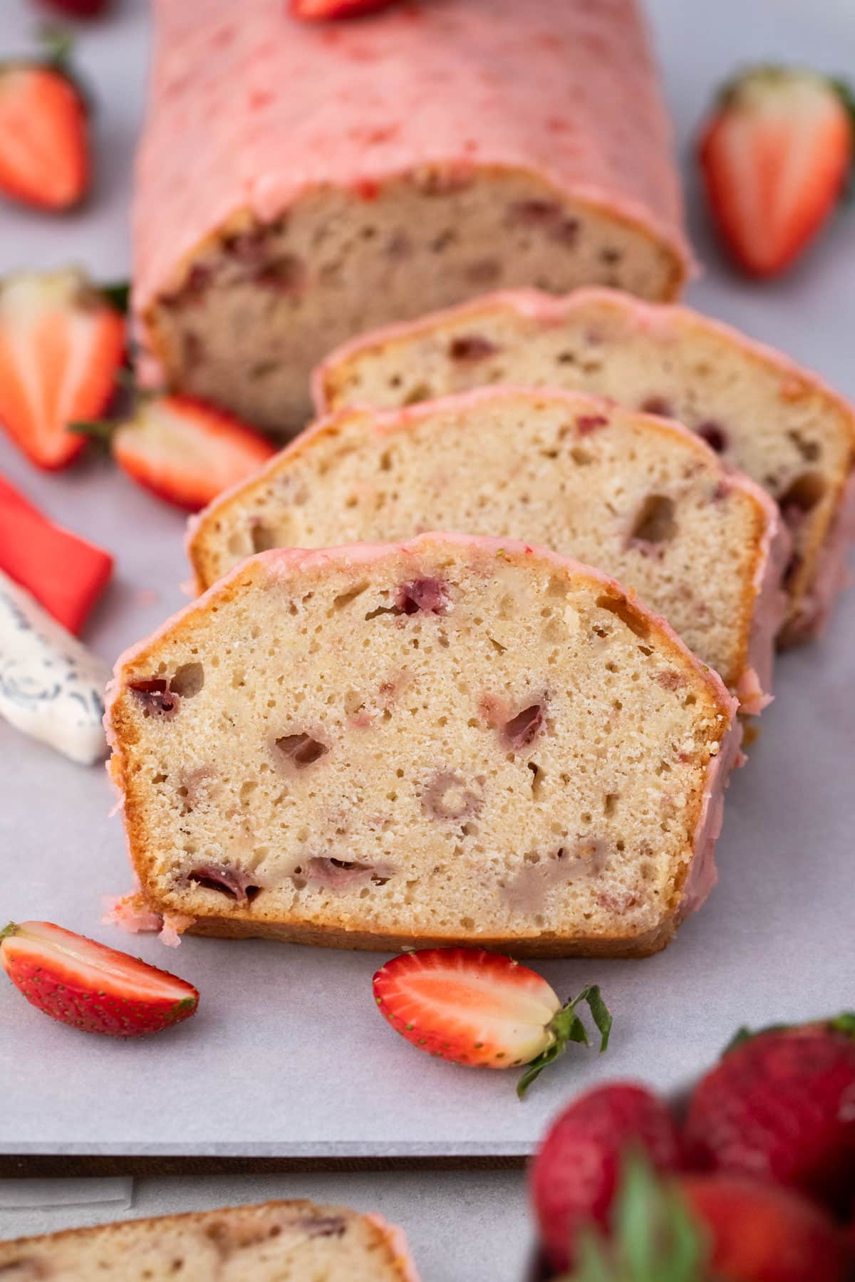 Showing slices of strawberry pound cake. 