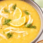 Avgolemono Soup in a bowl, close-up shot.