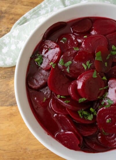 Overhead shot of Harvard Beets in a bowl.
