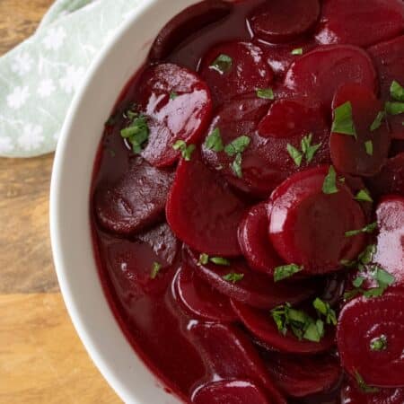 Overhead shot of Harvard Beets in a bowl.