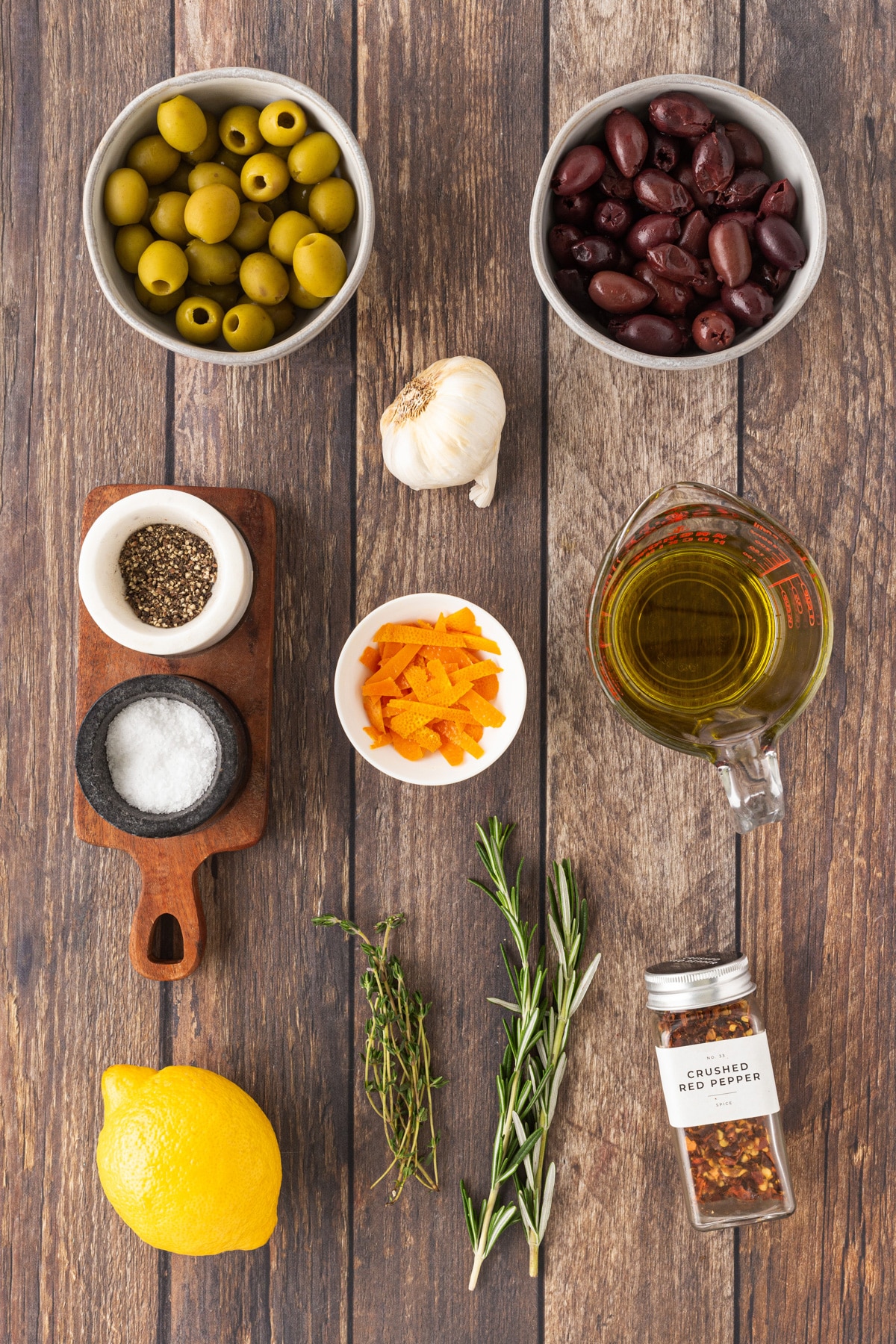 Ingredients for marinated olives. 