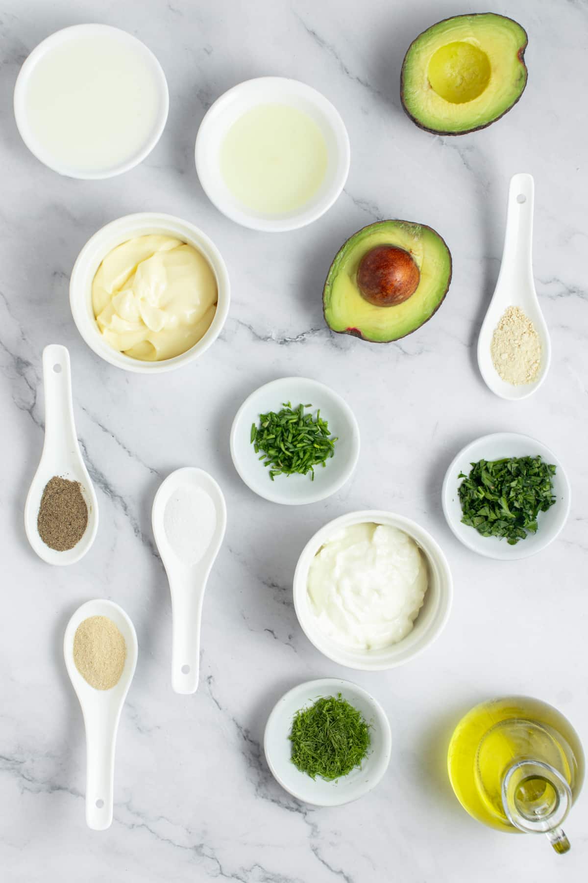 Avocado Ranch Dressing - ingredients over the countertop.