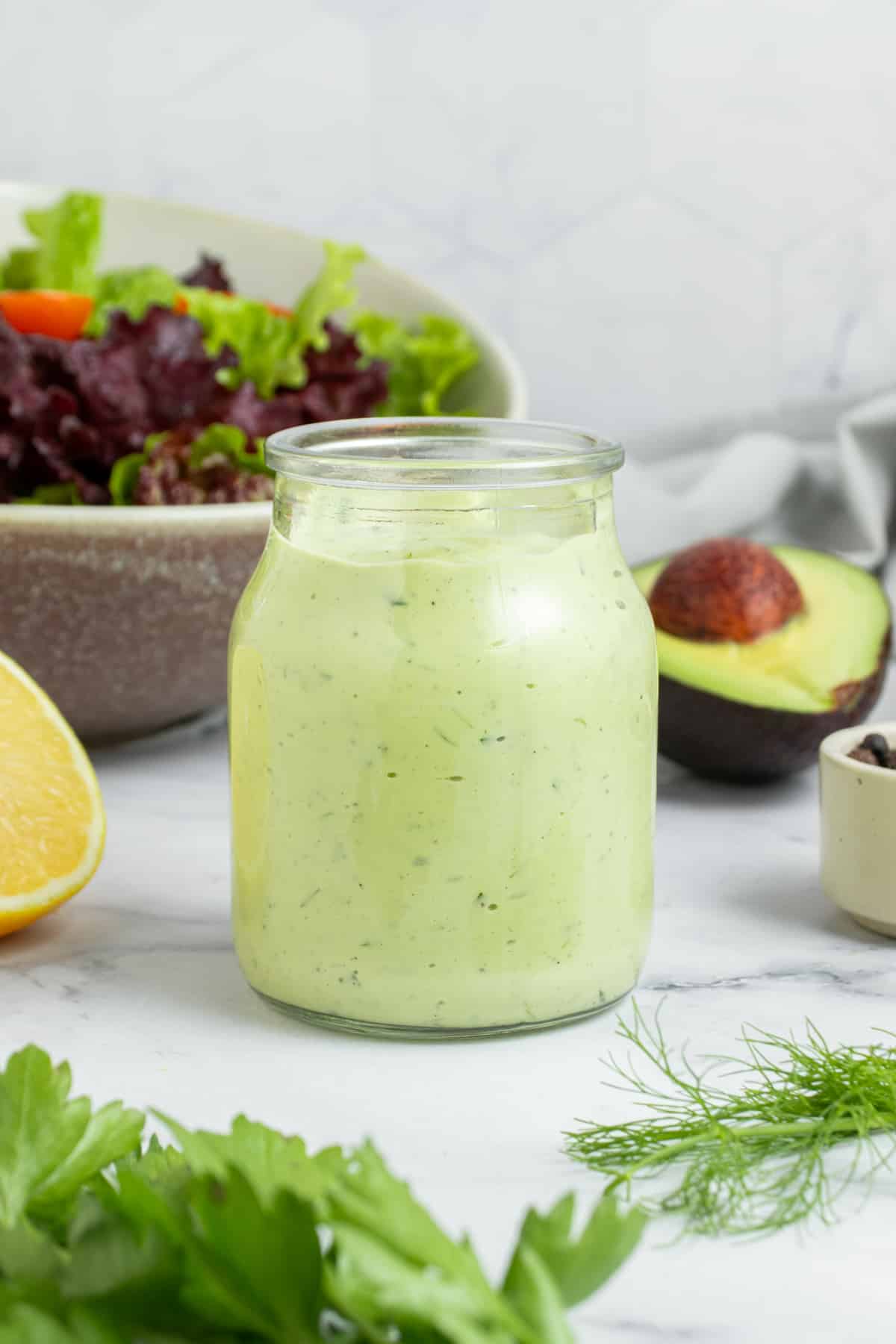Avocado Ranch Dressing - salad dressing in a small mason jar.