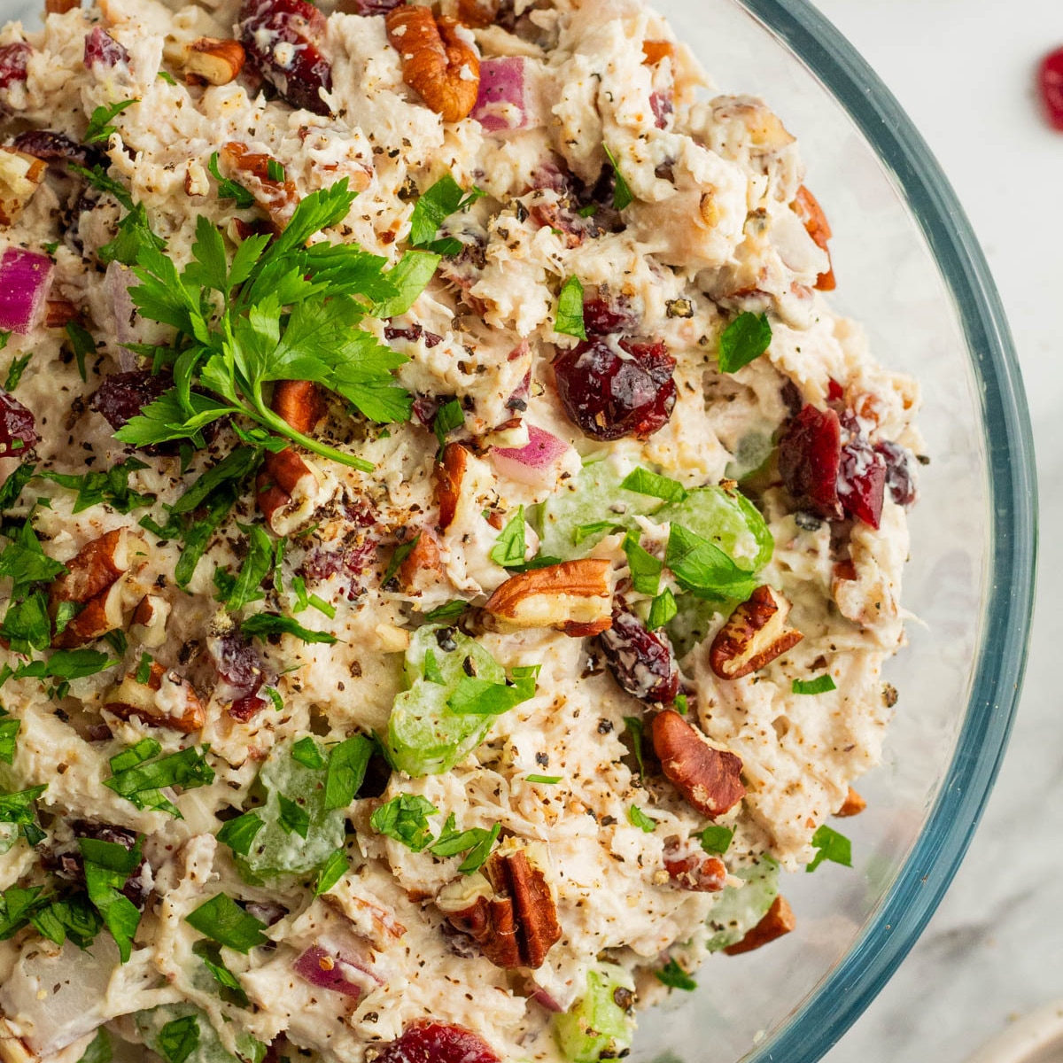 Square photo of a close-up of a bowl of  chicken salad. 