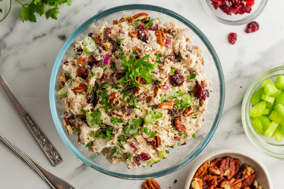 Horizontal photo of chicken salad in a bowl. 