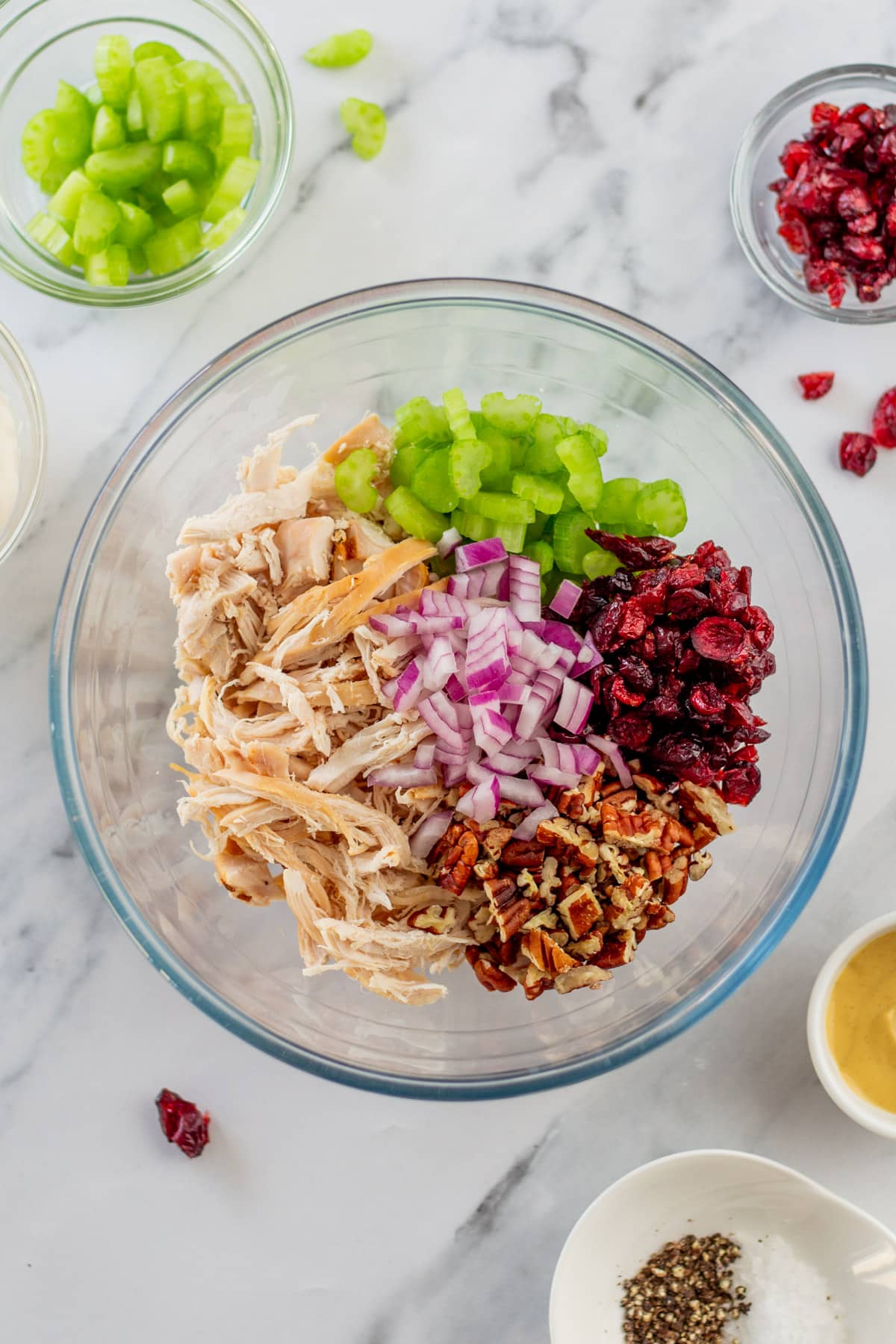 Cranberry Chicken Salad ingredients chopped up in a bowl. 