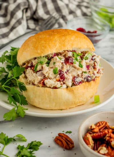 chicken Salad made into a sandwich and plated.