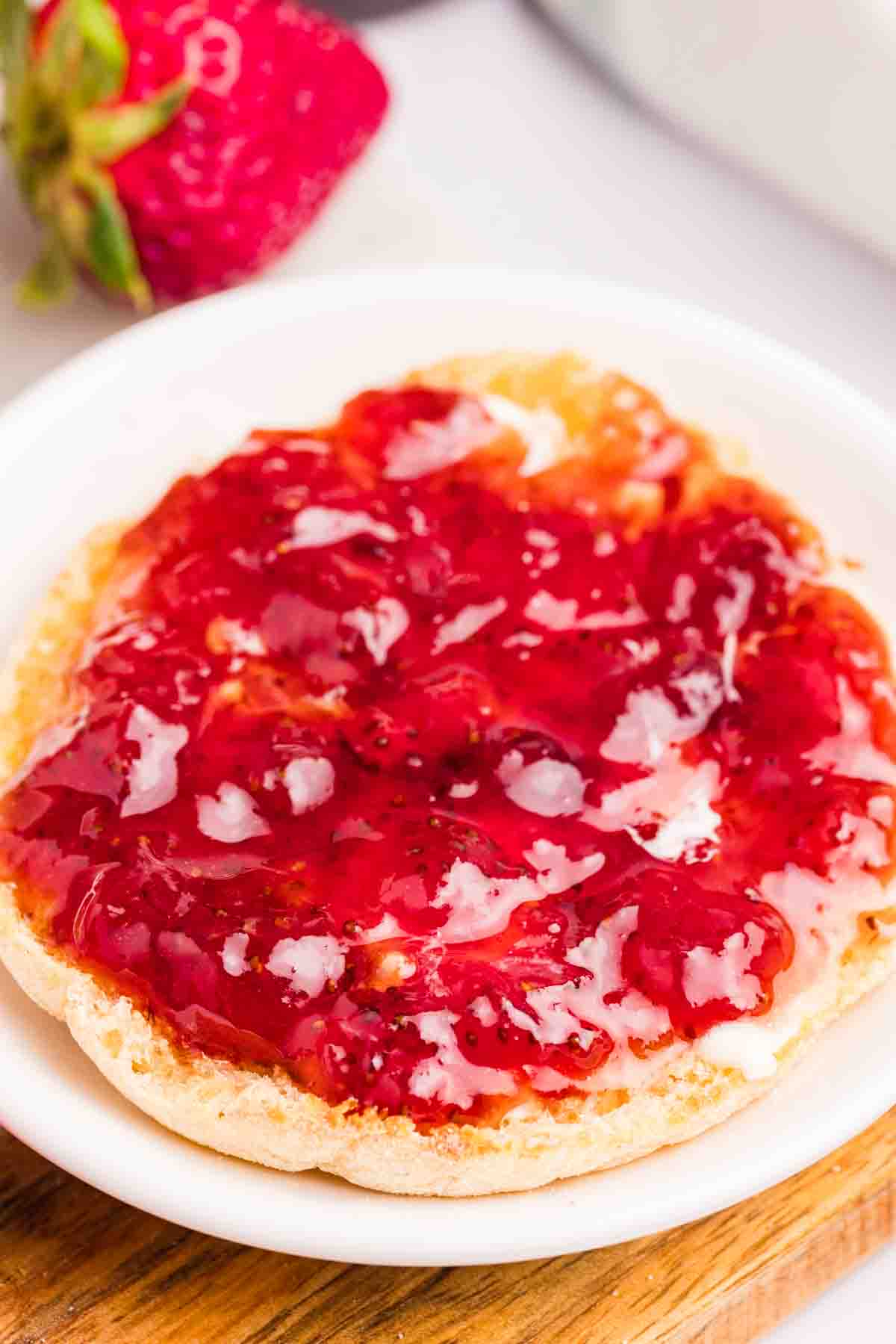 Strawberry Jam on an English muffin. 