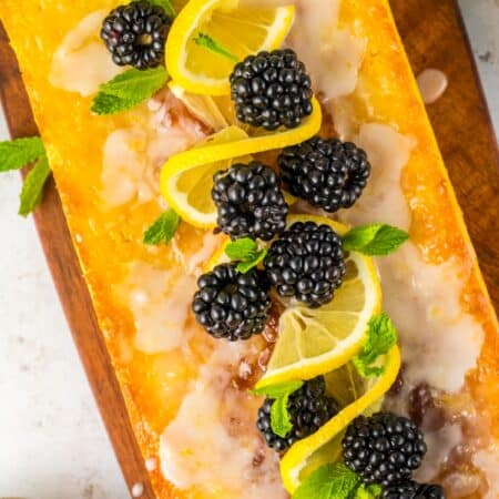 Overhead shot of a lemon blackberry cake.