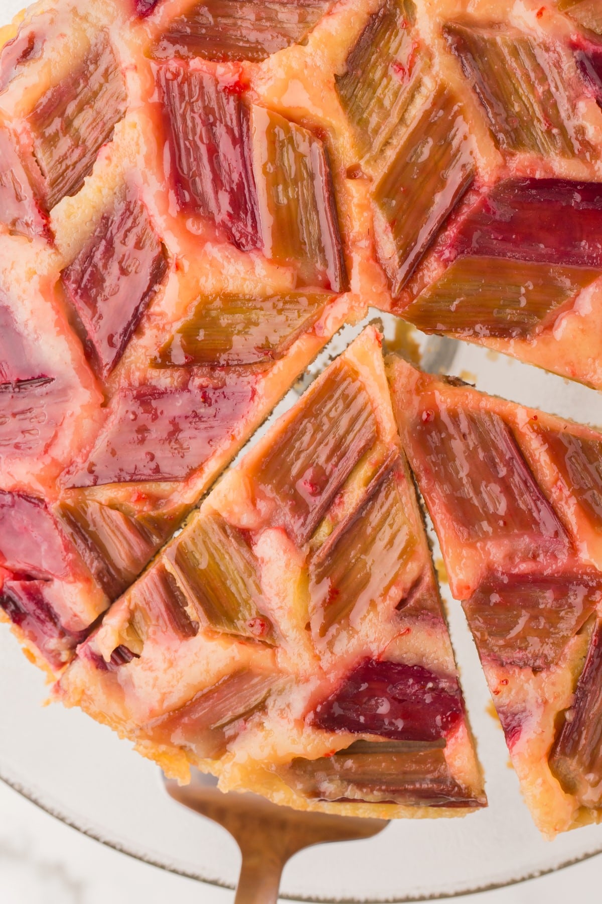 Rhubarb Upside-Down Cake in a mosaic pattern close-up. 
