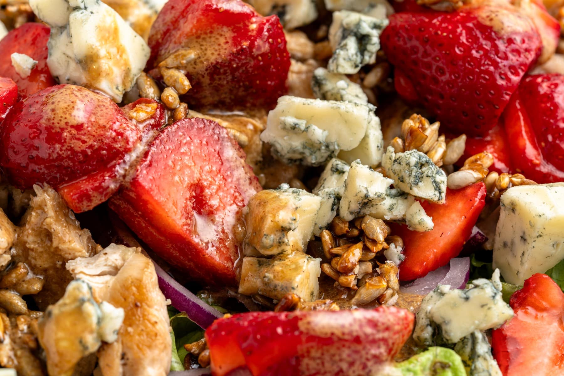 Very close-up of the salad in a horizontal shot.