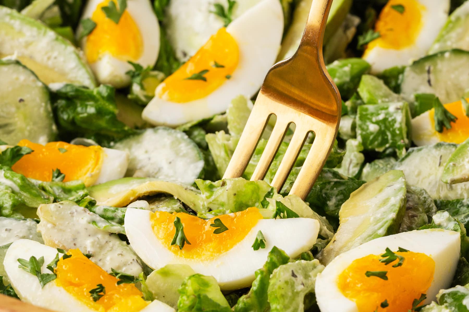 Sticking a fork into a salad. 