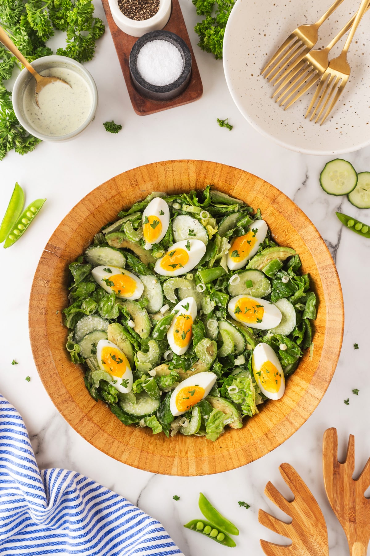 Overhead view of California Salad in a bowl.