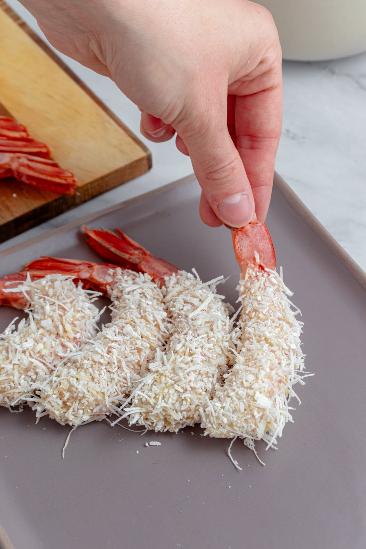 Breaded shrimp ready to fry.