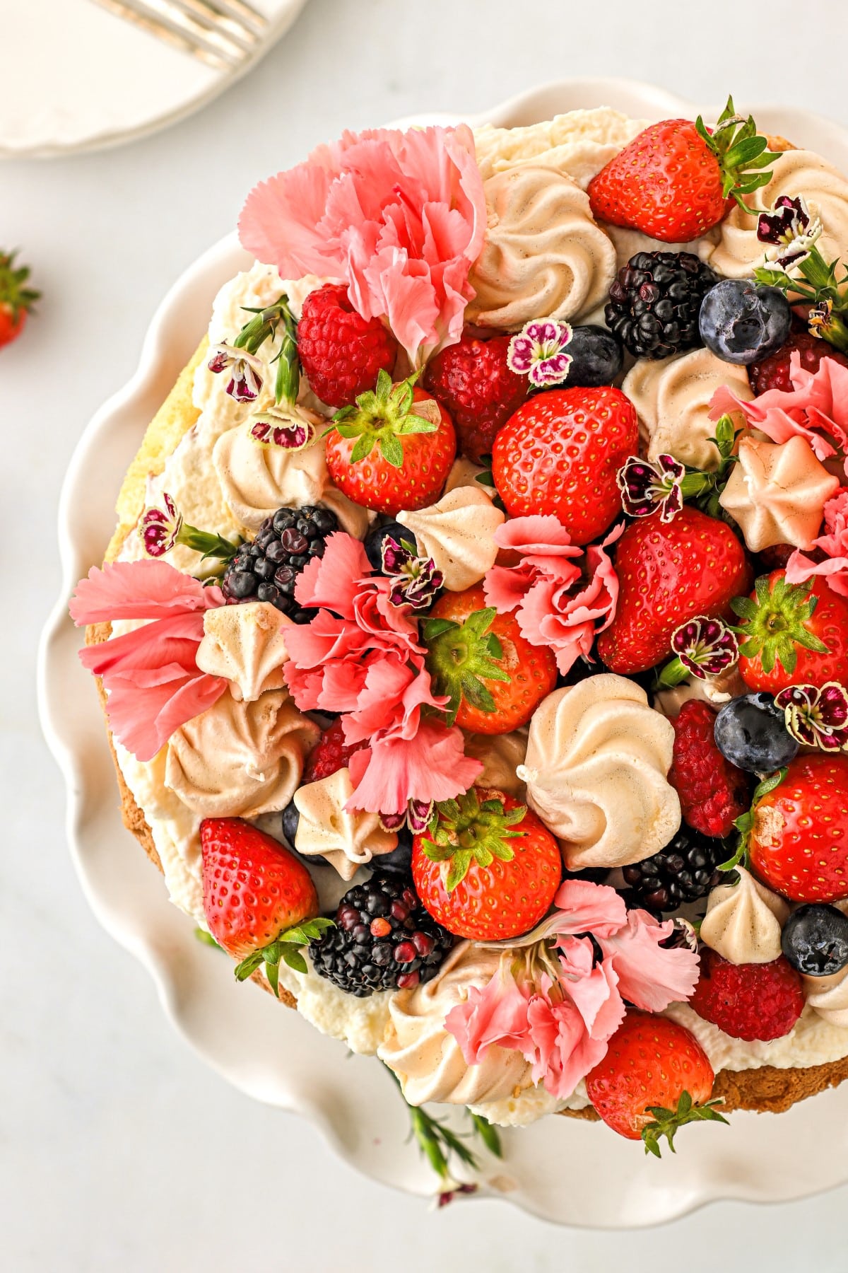 Overhead close-up of an Eton Mess Cake. 